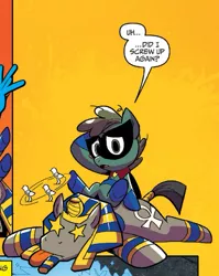 Size: 529x663 | Tagged: safe, derpibooru import, idw, humdrum, humdrum (pony), pharaoh phetlock, spoiler:comic, spoiler:comicannual2014, :p, :t, circling stars, comic, confused, cute, diabetes, dizzy, frown, humbetes, official comic, open mouth, orange background, power ponies, prone, simple background, starry eyes, stars, tongue out, wingding eyes