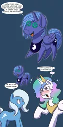 Size: 600x1200 | Tagged: safe, artist:fauxsquared, derpibooru import, princess celestia, princess luna, trixie, pony, unicorn, tumblr:it's always sunny in canterlot, ask, comic, drunk, drunklestia, female, mare, plushie, trixie is magic, tumblr