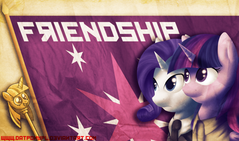 Size: 1700x1006 | Tagged: safe, artist:datponypl, derpibooru import, rarity, twilight sparkle, twilight sparkle (alicorn), alicorn, pony, cane, communism, female, mare, scepter, twilight scepter