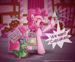 Size: 1800x1500 | Tagged: artist:flutterthrash, artist:jcosneverexisted, cupcake, derpibooru import, food, gummy, pinkie pie, safe, sign, strike (protest)