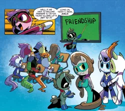 Size: 1062x945 | Tagged: safe, artist:ben bates, derpibooru import, idw, fili-second, humdrum, humdrum (pony), masked matter-horn, mistress marevelous, radiance, saddle rager, zapp, pony, spoiler:comic, spoiler:comicannual2014, bipedal, butt, chalkboard, friendship, frown, gritted teeth, hoof hold, learning, plot, power ponies, school, sitting, sweat, trust fall, writing