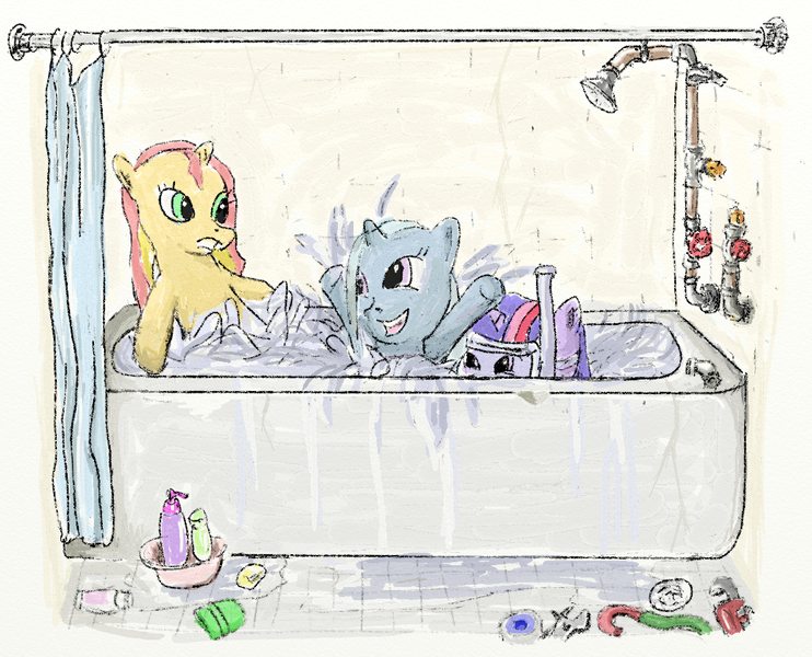 Size: 1045x845 | Tagged: safe, artist:trixsun, derpibooru import, sunset shimmer, trixie, twilight sparkle, pony, bath, bathtub, counterparts, goggles, magical trio, snorkel, twilight's counterparts