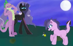 Size: 1280x800 | Tagged: safe, artist:flamingartist, derpibooru import, nightmare rarity, rarity, spike, oc, dracony, dragon, firefly (insect), hybrid, insect, pony, family, female, interspecies offspring, male, nightmare sparity, nightmom rarity, offspring, parent:rarity, parent:spike, parents:sparity, playing, shipping, sparity, straight, worried