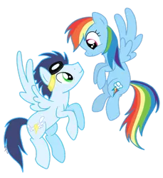 Size: 855x935 | Tagged: safe, artist:go0re, artist:rainbowflamecharge47, derpibooru import, rainbow dash, soarin', backwards cutie mark, eye contact, female, flying, goggles, looking at each other, male, old cutie mark, shipping, smiling, soarindash, straight