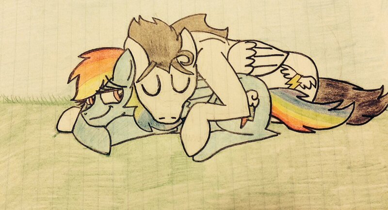 Size: 1024x555 | Tagged: safe, artist:pimpartist101, derpibooru import, rainbow dash, soarin', cuddling, female, lined paper, male, old cutie mark, shipping, sleeping, snuggling, soarindash, straight, traditional art