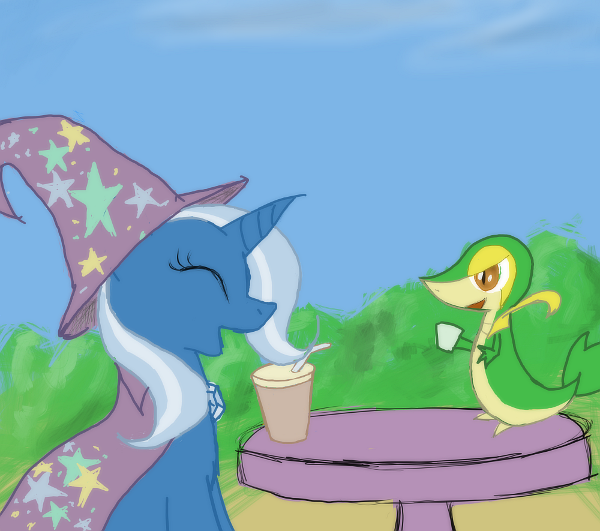 Size: 600x531 | Tagged: safe, artist:enma-darei, derpibooru import, trixie, pony, snivy, unicorn, crossover, female, hay smoothie, mare, pokémon