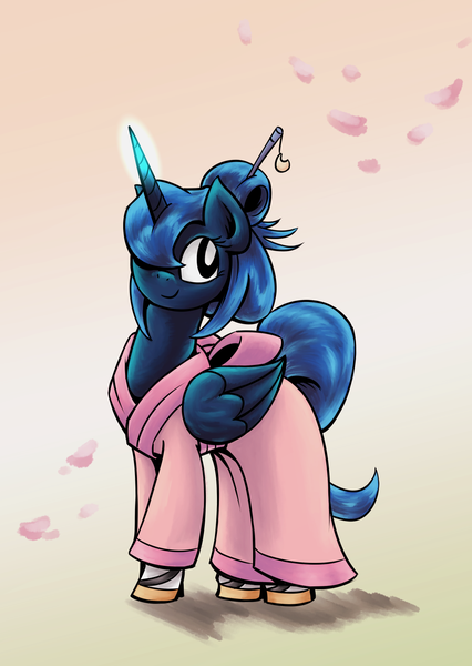 Size: 1100x1550 | Tagged: alternate hairstyle, artist:lovelyneckbeard, clothes, derpibooru import, glowing horn, horn, kanzashi, kimono (clothing), princess luna, safe, smiling, solo, zouri