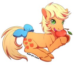 Size: 550x484 | Tagged: alternate hairstyle, apple, applejack (g1), artist:sion, bow, derpibooru import, food, g1, safe, simple background, solo, tail bow, transparent background