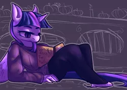 Size: 938x666 | Tagged: alicorn, anthro, artist:marshmellowcannibal, book, clothes, derpibooru import, safe, solo, spoopy, sweater, twilight sparkle, twilight sparkle (alicorn)