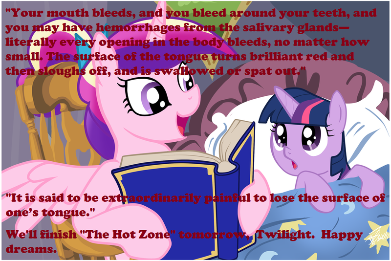 Size: 1024x683 | Tagged: grimdark, questionable, deleted from derpibooru, derpibooru import, princess cadance, twilight sparkle, alicorn, pony, unicorn, bed, bedtime story, book, cadance's bedtime stories, duo, ebola, exploitable meme, looking up, meme, the hot zone, younger