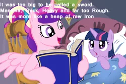 Size: 1024x683 | Tagged: safe, deleted from derpibooru, derpibooru import, princess cadance, twilight sparkle, alicorn, pony, unicorn, bedtime story, berserk, book, cadance's bedtime stories, duo, exploitable meme, female, filly, looking up, meme, reading, this will end in tears, this will not end well, younger