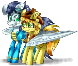 Size: 2027x1715 | Tagged: artist:tidalwav-3, braeburn, clothes, derpibooru import, gay, grin, hug, male, safe, shipping, smiling, soarburn, soarin', uniform, winghug, wonderbolts uniform