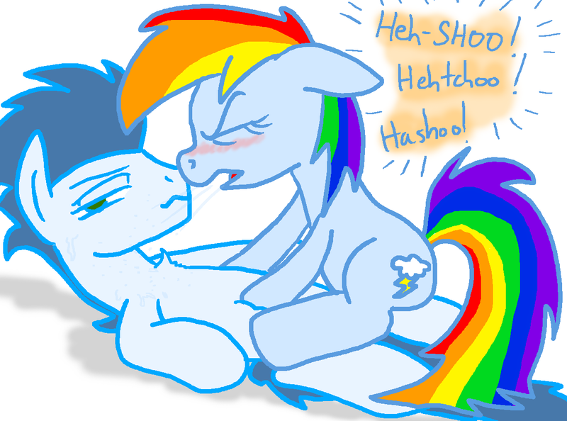 Size: 1280x951 | Tagged: suggestive, artist:rainysunshine, derpibooru import, rainbow dash, soarin', chest, chest fluff, cute, female, fetish, male, nostrils, on top, sexy, shipping, sneezing, sneezing fetish, sneezing fit, soarindash, spray, straight, wet