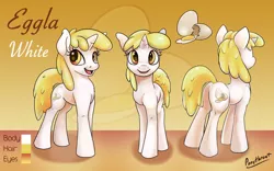 Size: 1200x747 | Tagged: safe, artist:ponythroat, derpibooru import, oc, oc:eggla white, ponified, unofficial characters only, food pony, original species, pony, butt, egg (food), food, plot, reference sheet