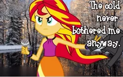 Size: 767x483 | Tagged: safe, artist:alicornoverlord, derpibooru import, sunset shimmer, equestria girls, rainbow rocks, clothes, frozen (movie), jacket, let it go, lyrics, music, photoshop, solo, song, text, the coats are off