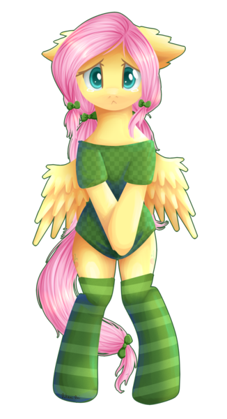 Size: 1571x2889 | Tagged: safe, artist:0okami-0ni, derpibooru import, fluttershy, pony, semi-anthro, :<, bipedal, clothes, covering, floppy ears, shirt, shirt pull, simple background, socks, solo, striped socks, transparent background