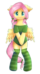 Size: 1571x2889 | Tagged: safe, artist:0okami-0ni, derpibooru import, fluttershy, pony, semi-anthro, :<, bipedal, clothes, covering, floppy ears, shirt, shirt pull, simple background, socks, solo, striped socks, transparent background