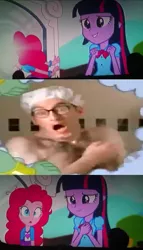 Size: 572x999 | Tagged: safe, derpibooru import, pinkie pie, twilight sparkle, equestria girls, rainbow rocks, exploitable meme, meme, neptune's spatula, pinkie sticks her face into the portal meme, portal, spongebob squarepants, tom kenny