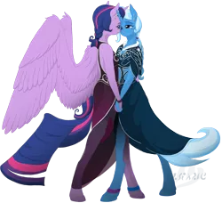 Size: 1719x1565 | Tagged: safe, artist:drake, derpibooru import, trixie, twilight sparkle, twilight sparkle (alicorn), alicorn, anthro, unguligrade anthro, alternate hairstyle, clothes, dancing, dress, female, lesbian, shipping, twixie