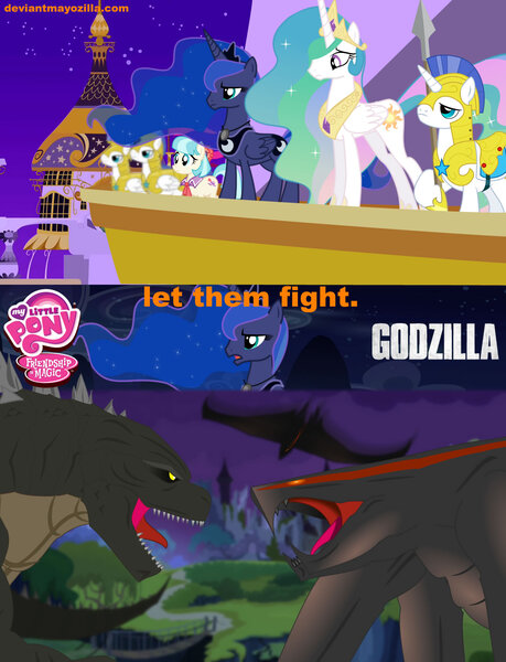 2139439 Artist Mayozilla Coco Pommel Crossover Derpibooru Import Femuto Fight Godzilla Godzilla 2014 Godzilla Series Hokmuto Kaiju Let Them Fight Muto Princess Celestia Princess Luna Safe Twibooru