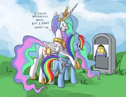 Size: 910x700 | Tagged: safe, artist:ponykillerx, derpibooru import, edit, princess celestia, rainbow dash, alicorn, pegasus, pony, butt, celestia's grave meme, exploitable meme, female, grave, implied death, mare, meme, plot, rabbi krustofski, spoiler, spoilers for another series, the simpsons