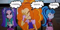 Size: 800x402 | Tagged: safe, derpibooru import, screencap, adagio dazzle, aria blaze, sonata dusk, equestria girls, rainbow rocks, :|, adagio cringedazzle, airhead, eyeroll, eyes closed, facepalm, food, frown, in a nutshell, looking up, open mouth, sonataco, taco, that girl sure loves tacos, the dazzlings, thought bubble, unamused, wide eyes