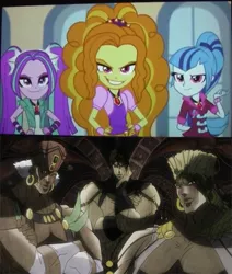 Size: 509x600 | Tagged: safe, derpibooru import, screencap, adagio dazzle, aria blaze, sonata dusk, equestria girls, rainbow rocks, battle tendency, esidisi, hilarious in hindsight, jojo's bizarre adventure, kars, pillar men, the dazzlings, wamuu