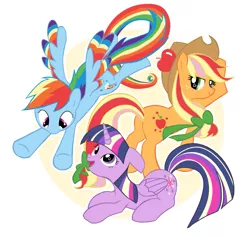 Size: 1435x1368 | Tagged: safe, artist:dakishe, derpibooru import, applejack, rainbow dash, twilight sparkle, twilight sparkle (alicorn), alicorn, pony, female, mare, pixiv, rainbow power