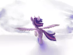 Size: 800x600 | Tagged: safe, artist:sion, derpibooru import, twilight sparkle, twilight sparkle (alicorn), alicorn, pony, backlighting, behind, female, mare, pixiv, solo, spread wings, windswept mane, wings