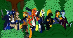 Size: 6672x3520 | Tagged: absurd resolution, anthro, artist:witkacy1994, big macintosh, braeburn, caramel, demoman, derpibooru import, doctor whooves, engineer, forest, heavy, medic, prince blueblood, princess luna, pyro, safe, scout, shining armor, sniper, soarin', soldier, spy, team fortress 2, thunderlane, time turner