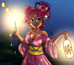 Size: 1644x1440 | Tagged: alternate hairstyle, artist:superkeen, breasts, busty pinkie pie, cleavage, clothes, derpibooru import, erect nipples, female, human, humanized, kimono (clothing), lantern, looking at you, night, nipple outline, off shoulder, paper lantern, pinkie pie, smiling, solo, solo female, suggestive