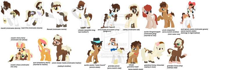 Size: 1600x480 | Tagged: safe, artist:goldenecho, derpibooru import, oc, oc:amelia, oc:anne marie, oc:bandit, oc:bow n' tie, oc:chester, oc:choco, oc:cocoa drop, oc:gingersnapple, oc:grandpa pecan, oc:hazel, oc:honey chocolate, oc:marie grace, oc:merry berry, oc:moose tracks, oc:neopolitan, oc:oakley, oc:pecan, oc:ronald, oc:strawberry, unofficial characters only, earth pony, pegasus, pony, bow, bowtie, family, female, filly, hat, male, mare, pecan, stallion