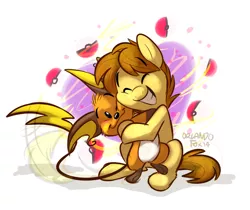 Size: 600x503 | Tagged: artist:thedoggygal, crossover, derpibooru import, hug, oc, oc:mandopony, pokémon, raichu, safe