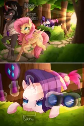 Size: 2000x3000 | Tagged: and then there's rarity, artist:evehly, binoculars, brush, comb, comic, derpibooru import, dialogue, female, fluttershy, imminent makeover, king sombra, male, rarity, safe, scissors, shipping, sombrashy, soon, straight, this will end in fashion, this will end in tears