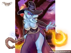 Size: 1300x984 | Tagged: anthro, artist:creamygravy, artist:mrw32, big breasts, breasts, busty trixie, cleavage, clothes, crossover, derpibooru import, dragon's crown, dress, female, fire, fireball, hat, side slit, solo, solo female, sorceress, staff, suggestive, trixie, wizard hat