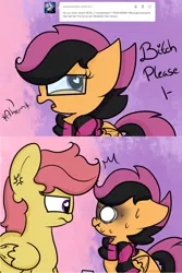 Size: 1024x1536 | Tagged: derpibooru import, safe, scootahipster, scootaloo, scootaloo's mother, sweetie belle, vulgar