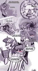 Size: 774x1440 | Tagged: suggestive, artist:lumineko, derpibooru import, princess luna, twilight sparkle, twilight sparkle (alicorn), alicorn, pony, ask, black hole, blushing, book, butt, comic, dreamluna, female, i can't believe it's not johnjoseco, lesbian, lunaughty, lusty luna, mare, moluna, monochrome, open mouth, plot, raised hoof, shipping, tumblr, twiluna, well