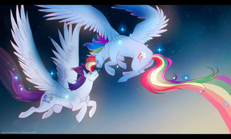 Size: 1153x692 | Tagged: safe, artist:naminzo, derpibooru import, rainbow dash, soarin', alternate hairstyle, female, flying, male, shipping, soarindash, straight