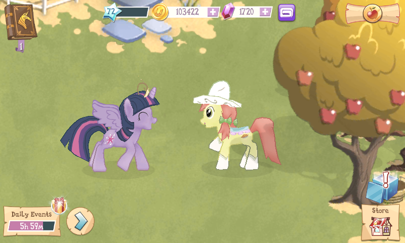 Size: 800x480 | Tagged: safe, derpibooru import, screencap, peachy sweet, twilight sparkle, twilight sparkle (alicorn), alicorn, pony, apple family member, error, female, gameloft, glitch, mare