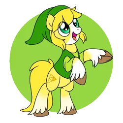 Size: 800x800 | Tagged: safe, artist:perfectpinkwater, derpibooru import, ponified, clydesdale, earth pony, pony, 2014, colt, hat, hooves, male, nintendo, rearing, simple background, socks (coat marking), solo, the legend of zelda, toon link, transparent background, tunic, unshorn fetlocks, video game