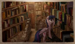 Size: 800x469 | Tagged: safe, artist:hewison, derpibooru import, twilight sparkle, twilight sparkle (alicorn), alicorn, pony, book, bookshelf, female, library, mare, solo, stepladder