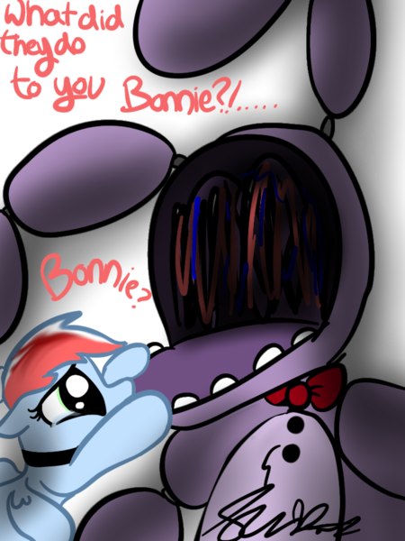 Size: 768x1024 | Tagged: bonnie, derpibooru import, five nights at freddy's, five nights at freddy's 2, rainbow dash, robot, semi-grimdark, withered bonnie