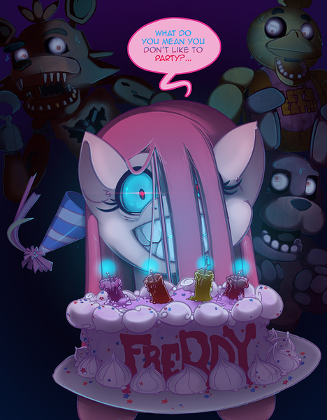 Size: 850x1090 | Tagged: alternate version, artist:foolyguy, bonnie, cake, chica, crossover, derpibooru import, five nights at freddy's, food, fox, foxy, grin, looking at you, nightmare fuel, pinkamena diane pie, pinkie pie, semi-grimdark, smiling, wide eyes, yandere, yandere pie