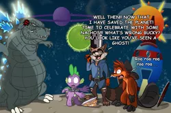 Size: 1280x849 | Tagged: artist:darkwolf80s, artist:secoh2000, beaver, chips, crossover, derpibooru import, food, godzilla, godzilla (series), guardians of the galaxy, kaiju, nachos, rocket raccoon, safe, spike