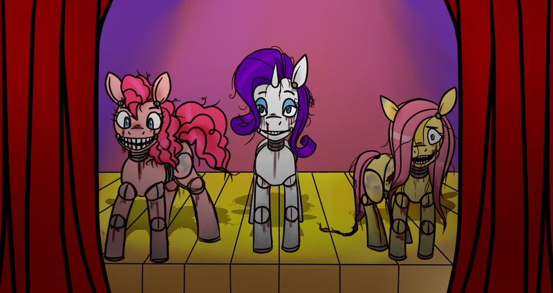 Size: 1741x922 | Tagged: artist:twitchygreyfox, blood, derpibooru import, five nights at freddy's, fluttershy, nightmare fuel, pinkie pie, rarity, robot, safe, stage