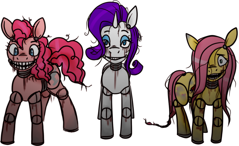 Size: 1121x685 | Tagged: artist:twitchygreyfox, blood, derpibooru import, five nights at freddy's, fluttershy, nightmare fuel, pinkie pie, rarity, robot, semi-grimdark, simple background, transparent background