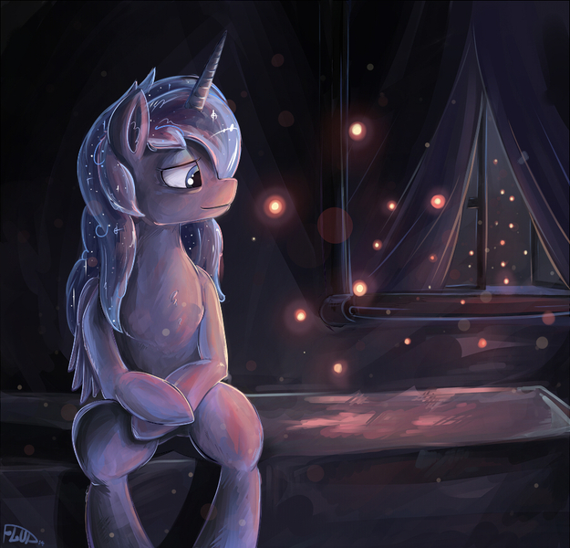 Size: 900x864 | Tagged: artist:bubbleglacier, derpibooru import, firefly (insect), insect, princess luna, safe, sitting, solo, window