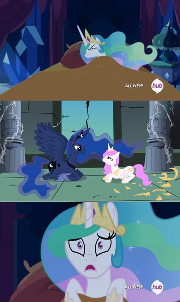 Size: 853x1425 | Tagged: celestia's nightmare, cewestia, cute, derpibooru import, exploitable meme, female, filly, meme, princess celestia, princess luna, role reversal, safe, younger