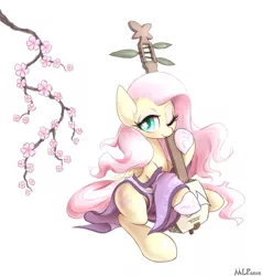 Size: 1644x1724 | Tagged: dead source, safe, artist:mlpanon, derpibooru import, fluttershy, pegasus, pony, cherry blossoms, clothes, cute, female, flower, flower blossom, kimono (clothing), mare, musical instrument, one eye closed, shamisen, shyabetes, simple background, solo, white background, wingding eyes, wink