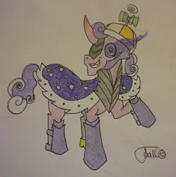 Size: 892x895 | Tagged: armor, artist:tidmouthmilk12, dark magic, derpibooru import, fusion, hat, king sombra, magic, propeller hat, safe, screwball, sombra eyes, sombra horn, swirly eyes, traditional art